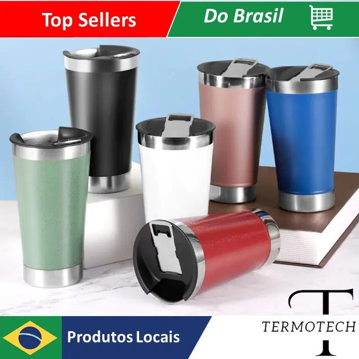 Copo Térmico 473ml COM TAMPA E Abridor Inox Para Quente e Gelado