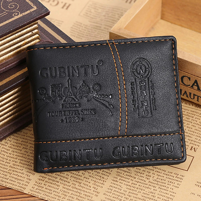 Carteira de couro bifold masculina, cor sólida, preta, portátil na moda, grampo de dinheiro, presente de ação de graças, dia do pai