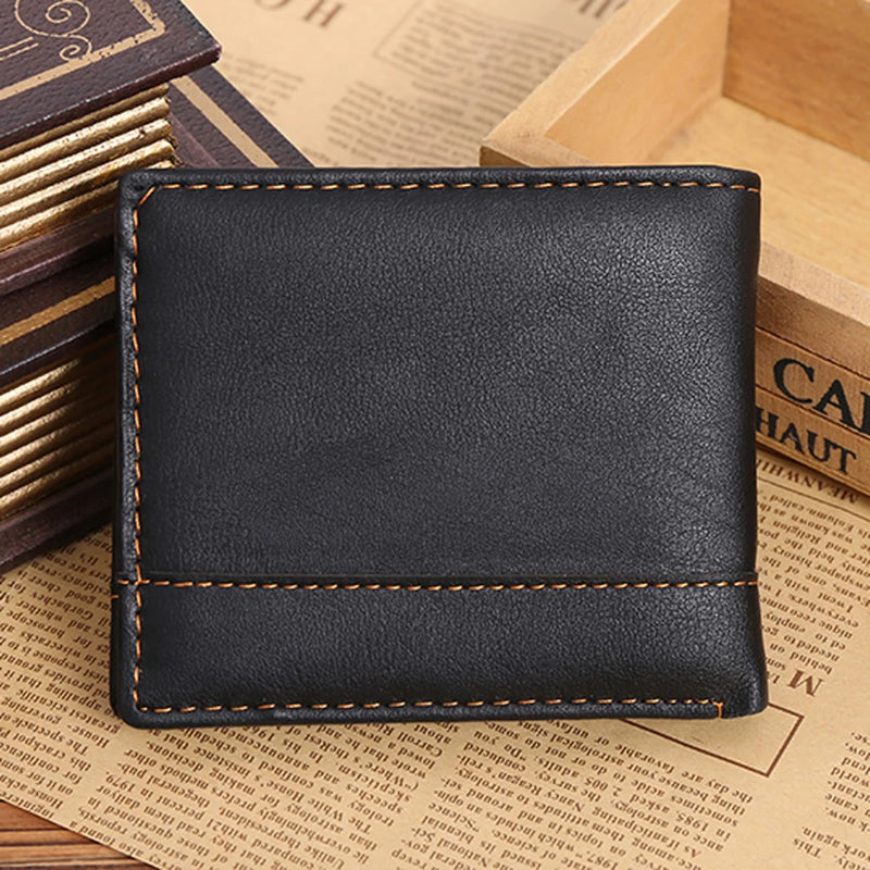 Carteira de couro bifold masculina, cor sólida, preta, portátil na moda, grampo de dinheiro, presente de ação de graças, dia do pai