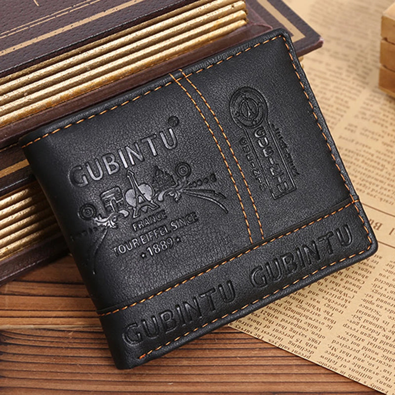 Carteira de couro bifold masculina, cor sólida, preta, portátil na moda, grampo de dinheiro, presente de ação de graças, dia do pai