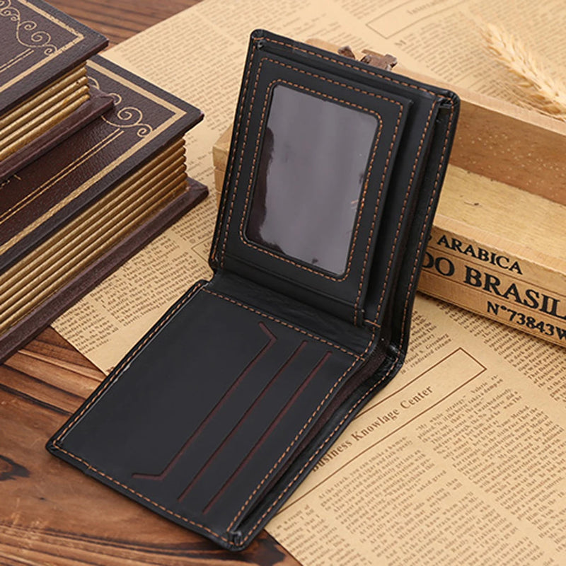 Carteira de couro bifold masculina, cor sólida, preta, portátil na moda, grampo de dinheiro, presente de ação de graças, dia do pai