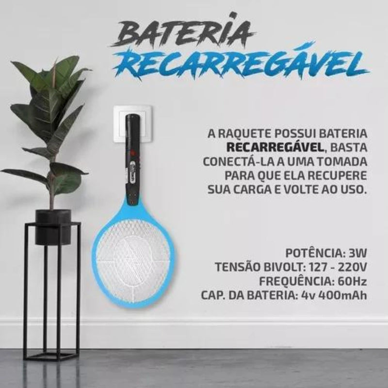 Raquete Elétrica Mata Mosquito Dengue Insetos Recarregável Bivolt